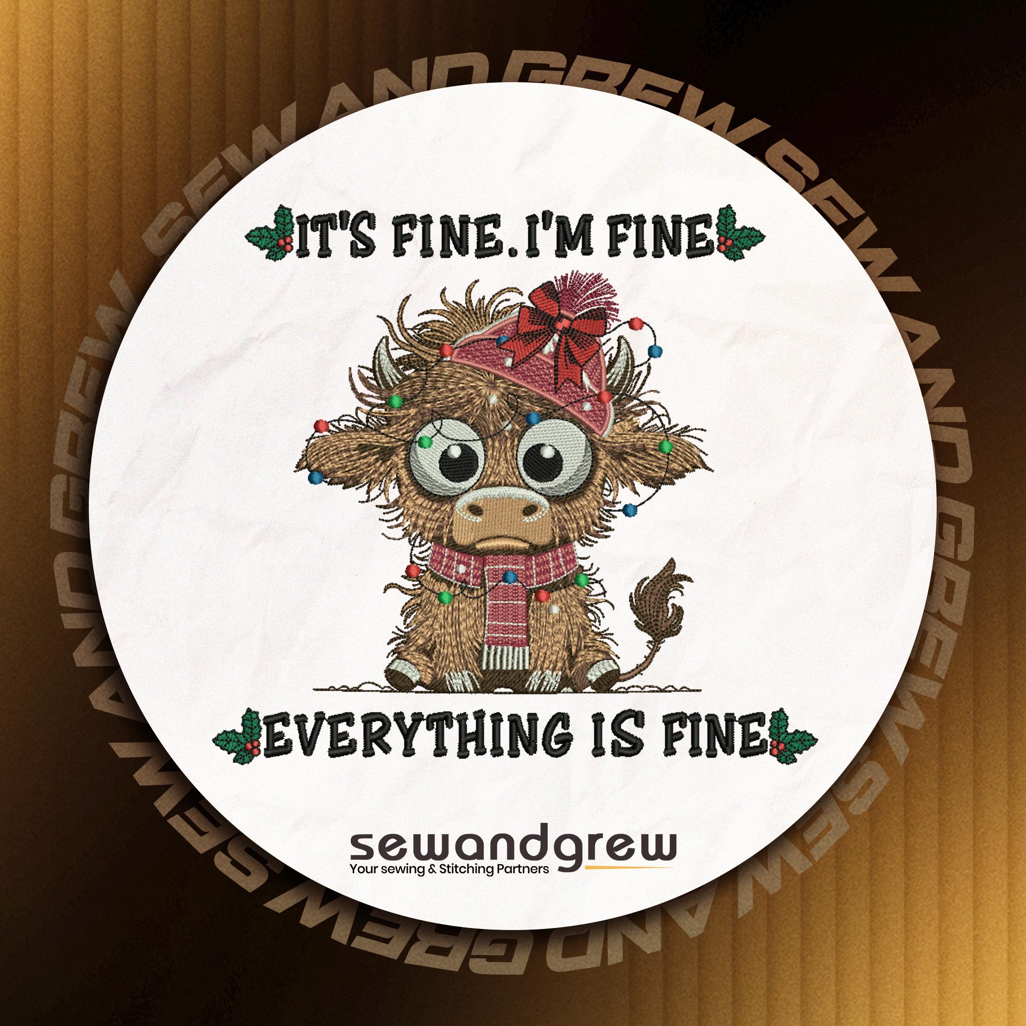 I am fine Christmas Highland cow Embroidery Design