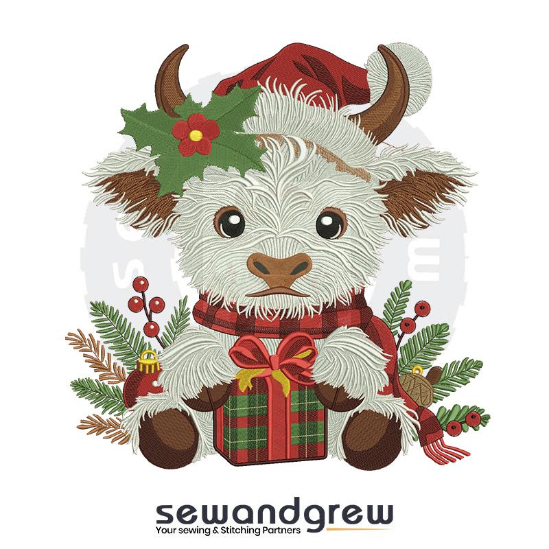Christmas Highland Cow Embroidery Design