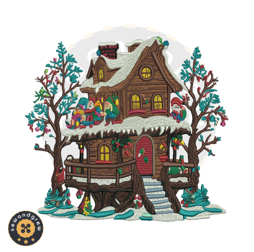 Winter Tree House Embroidery Design